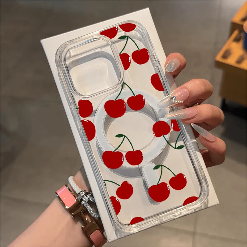 Magnetic Wireless Charger Case For iPhone 17 16 15 14 13 12 11 Pro Max 16 Plus XS XR X Cute Cherry Print Clear Phone Cover