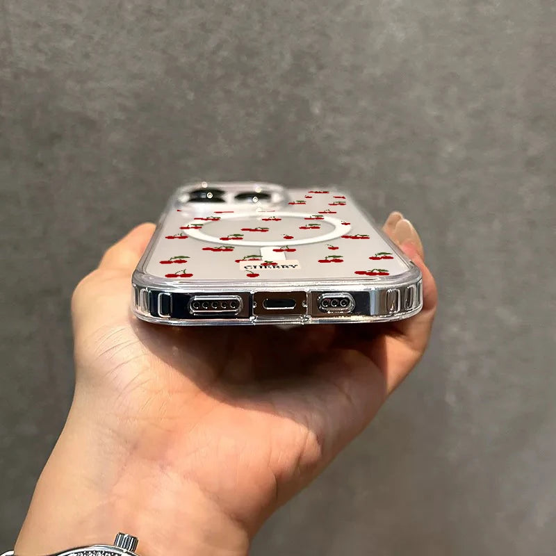Magnetic Wireless Charger Case For iPhone 17 16 15 14 13 12 11 Pro Max 16 Plus XS XR X Cute Cherry Print Clear Phone Cover