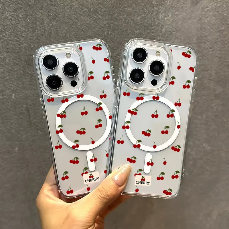 Magnetic Wireless Charger Case For iPhone 17 16 15 14 13 12 11 Pro Max 16 Plus XS XR X Cute Cherry Print Clear Phone Cover
