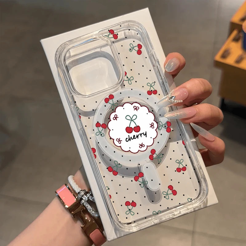 Magnetic Wireless Charger Case For iPhone 17 16 15 14 13 12 11 Pro Max 16 Plus XS XR X Cute Cherry Print Clear Phone Cover