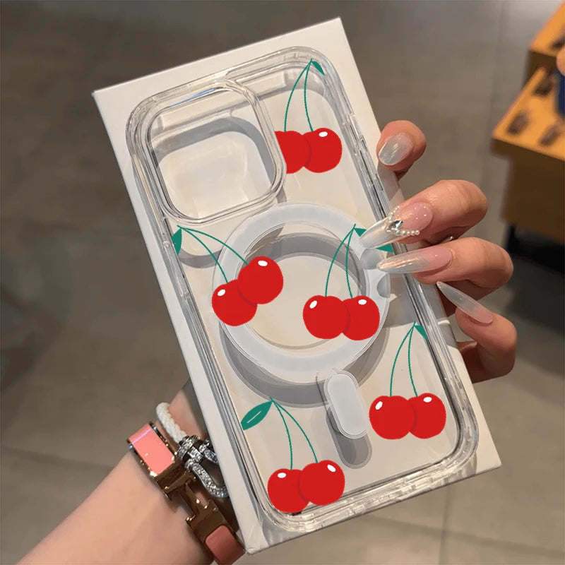 Magnetic Wireless Charger Case For iPhone 17 16 15 14 13 12 11 Pro Max 16 Plus XS XR X Cute Cherry Print Clear Phone Cover