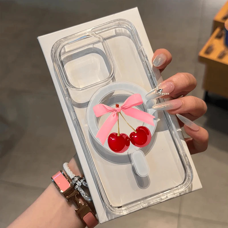 Magnetic Wireless Charger Case For iPhone 17 16 15 14 13 12 11 Pro Max 16 Plus XS XR X Cute Cherry Print Clear Phone Cover