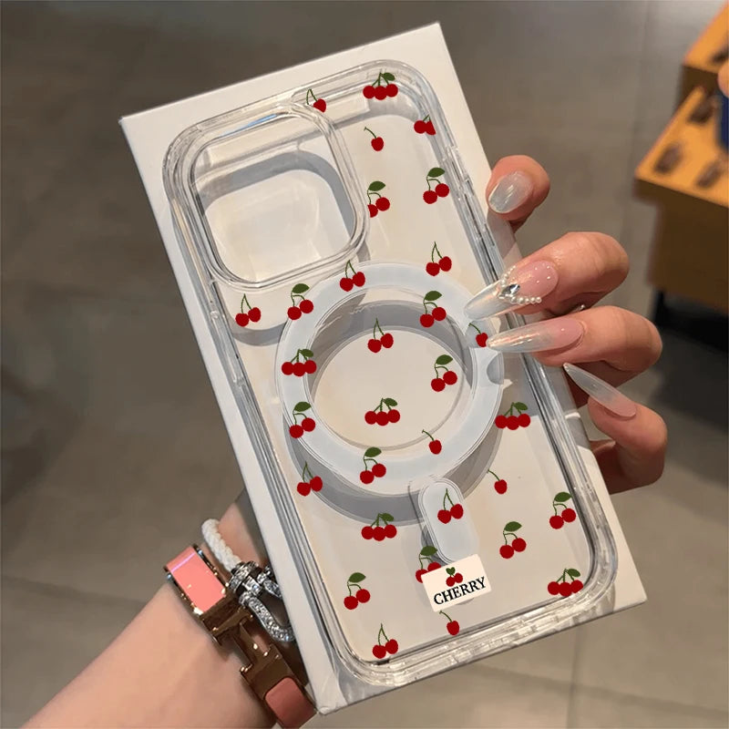 Magnetic Wireless Charger Case For iPhone 17 16 15 14 13 12 11 Pro Max 16 Plus XS XR X Cute Cherry Print Clear Phone Cover