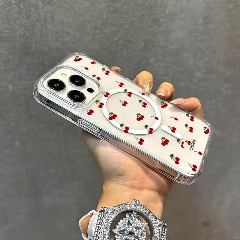 Magnetic Wireless Charger Case For iPhone 17 16 15 14 13 12 11 Pro Max 16 Plus XS XR X Cute Cherry Print Clear Phone Cover