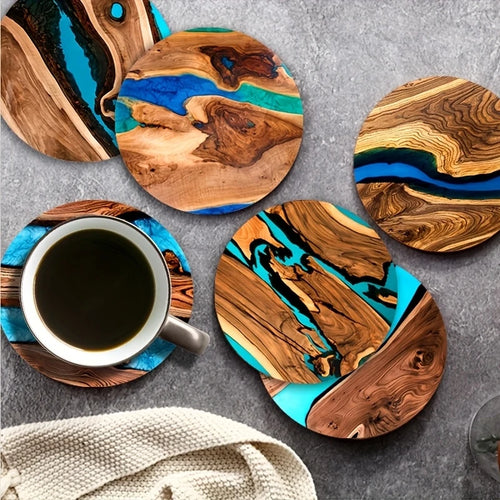 2D Blue-Green Patterned Wooden Coasters