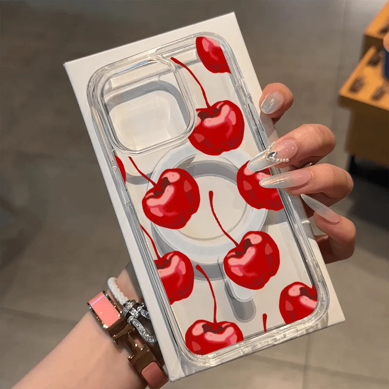 Magnetic Wireless Charger Case For iPhone 17 16 15 14 13 12 11 Pro Max 16 Plus XS XR X Cute Cherry Print Clear Phone Cover