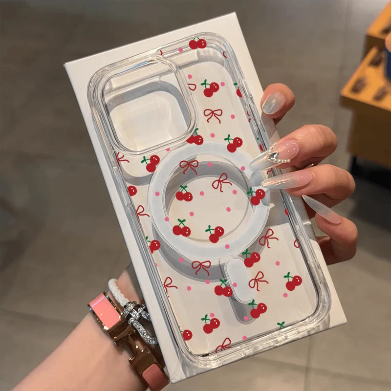 Magnetic Wireless Charger Case For iPhone 17 16 15 14 13 12 11 Pro Max 16 Plus XS XR X Cute Cherry Print Clear Phone Cover