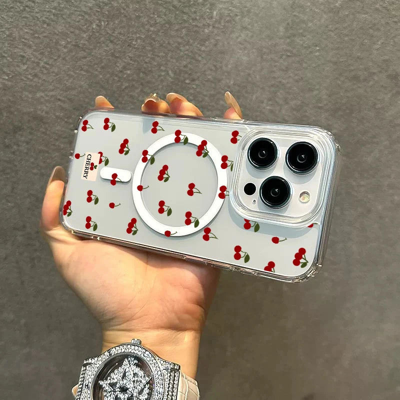 Magnetic Wireless Charger Case For iPhone 17 16 15 14 13 12 11 Pro Max 16 Plus XS XR X Cute Cherry Print Clear Phone Cover