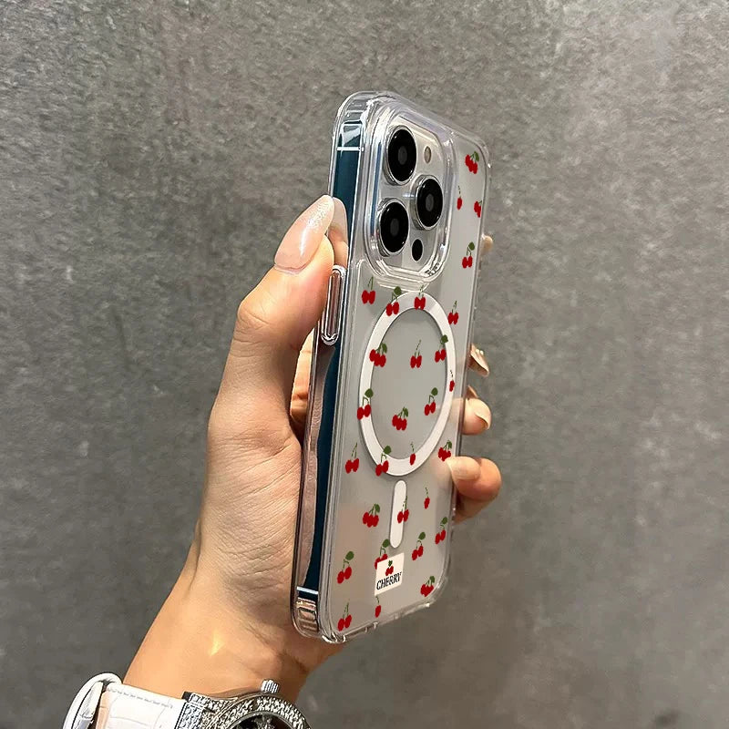 Magnetic Wireless Charger Case For iPhone 17 16 15 14 13 12 11 Pro Max 16 Plus XS XR X Cute Cherry Print Clear Phone Cover