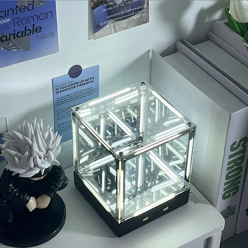 4D Hypercube LED Night Light DIY Wireless Table Lamp for Gamer Room Decor | Acrylic Cube Desk Ornament | Action Figure Display Box