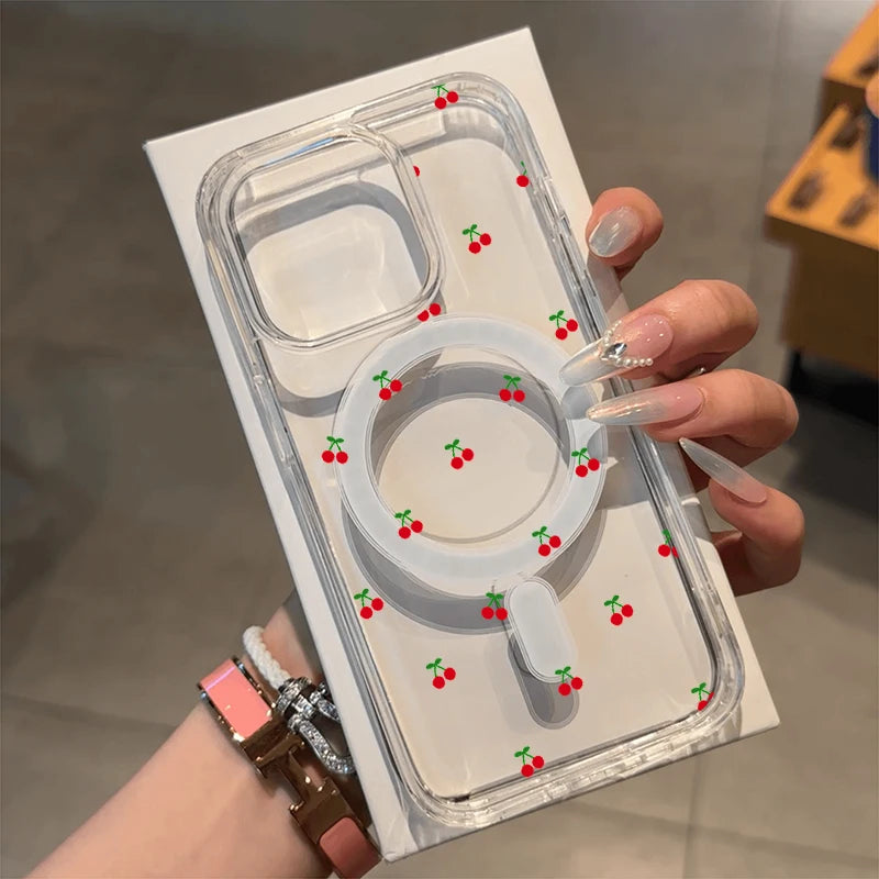 Magnetic Wireless Charger Case For iPhone 17 16 15 14 13 12 11 Pro Max 16 Plus XS XR X Cute Cherry Print Clear Phone Cover